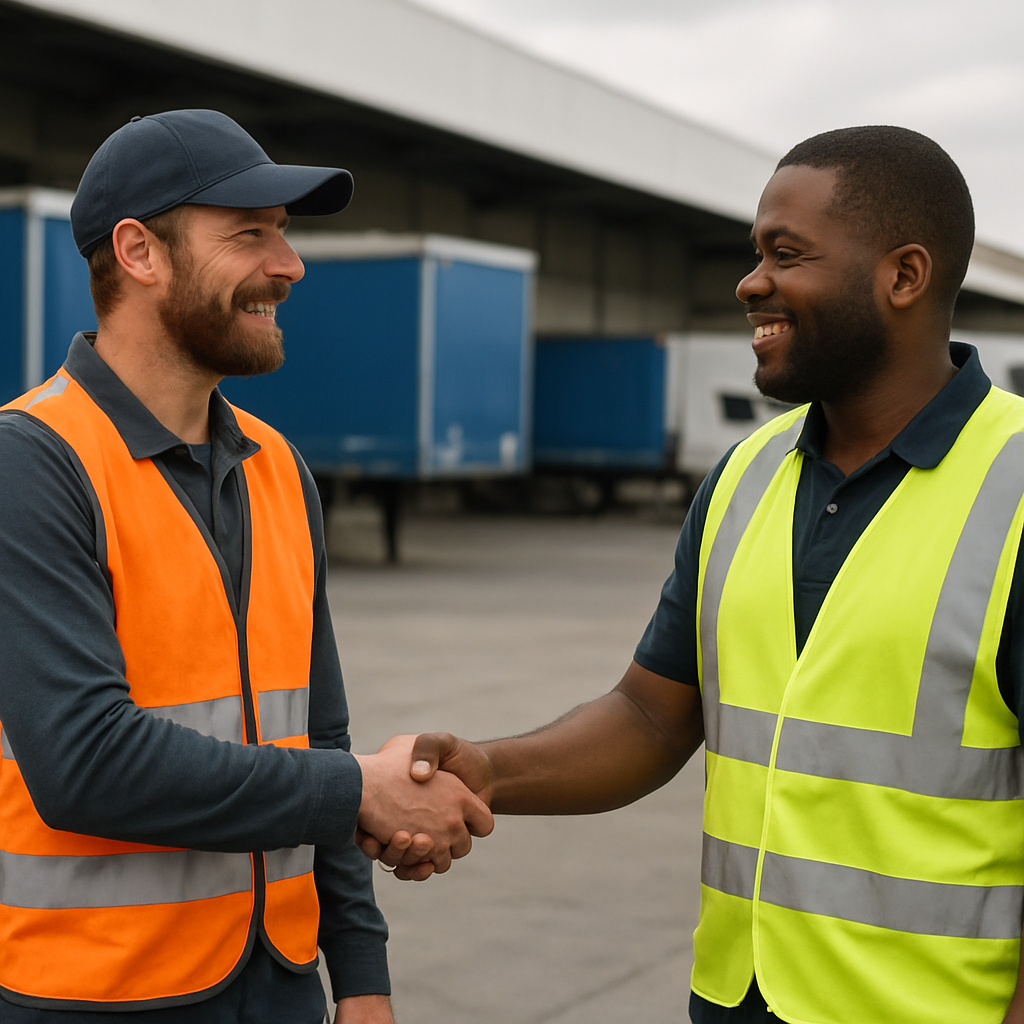 Zwei Logistikmitarbeiter bei der Schichtübergabe im Depot